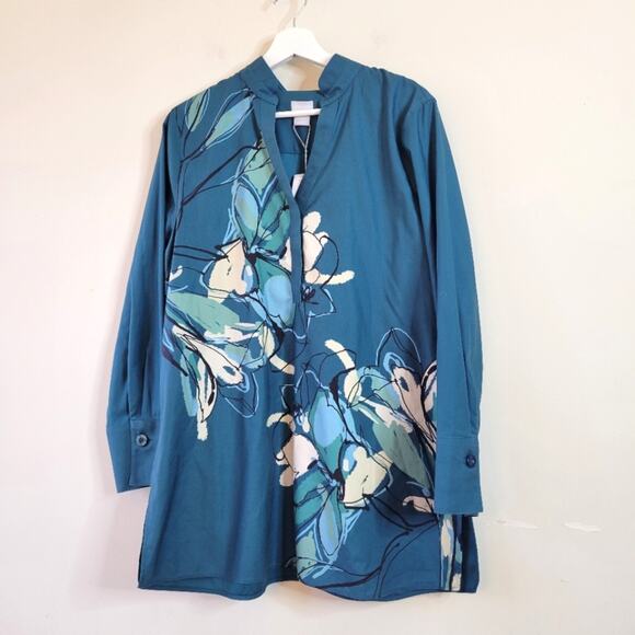 Chico's The No-Iron Stretch Wildflower Print Tunic in Teal size 12 size 2 - Picture 1 of 5
